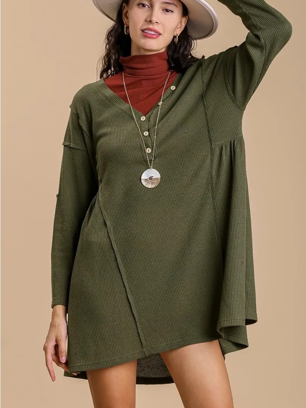 Umgee Olive Green Long Sleeve Tunic Dress NWT
